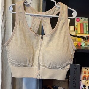 Velocity Zip-Front Beige Sports Bra